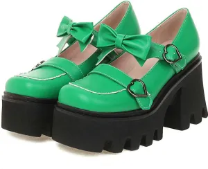 ClassicSter Womens Square Toe Platform Mary Janes Bow Heart Buckle Chunky High Heels Pumps
