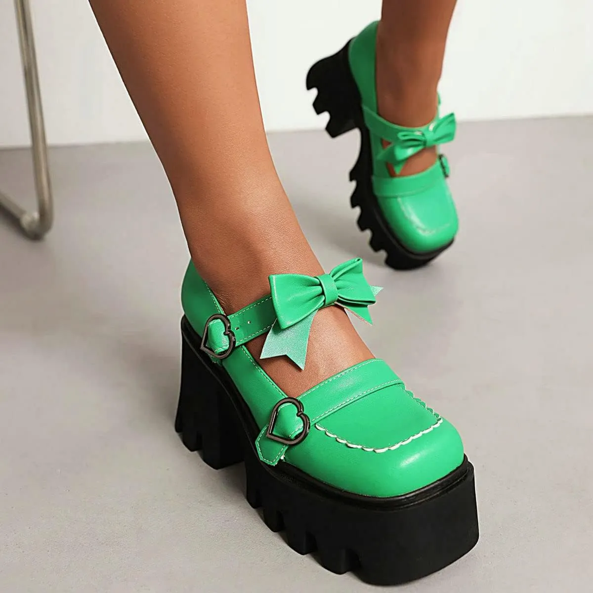 ClassicSter Womens Square Toe Platform Mary Janes Bow Heart Buckle Chunky High Heels Pumps