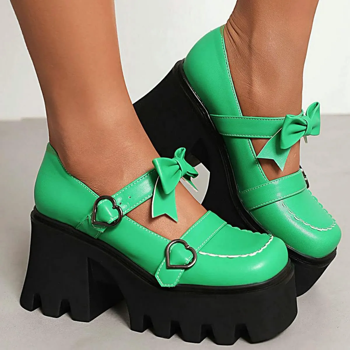 ClassicSter Womens Square Toe Platform Mary Janes Bow Heart Buckle Chunky High Heels Pumps