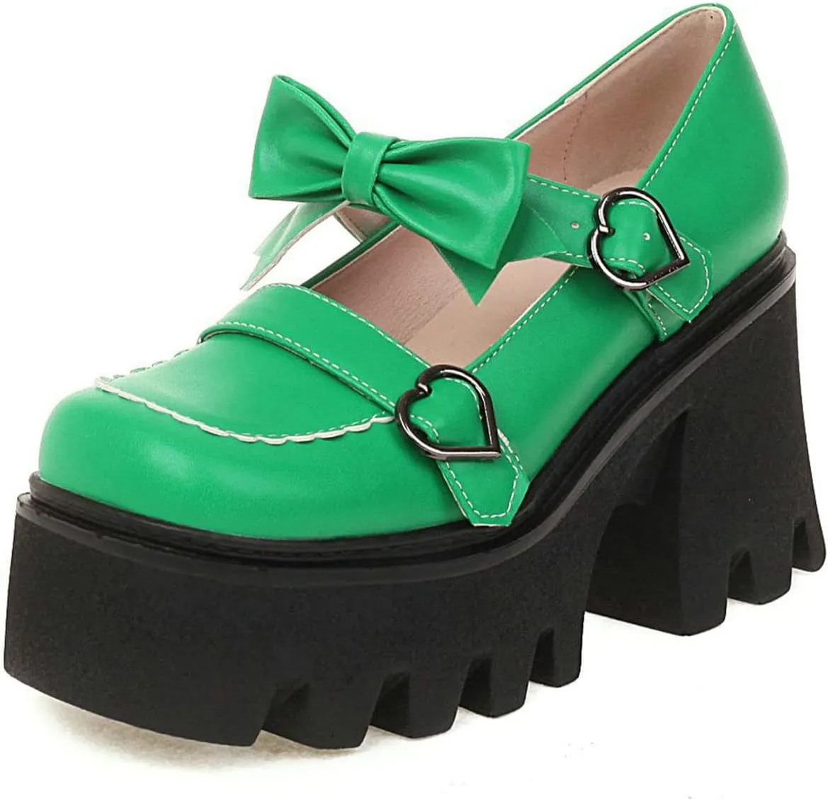 ClassicSter Womens Square Toe Platform Mary Janes Bow Heart Buckle Chunky High Heels Pumps