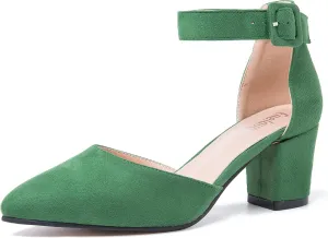 Closed Toe Heels for Women Pointed Toe Heels Low Block Chunky Pumps Ankle Strap D'Orsay Wedding Party Dress Shoes