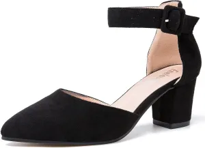 Closed Toe Heels for Women Pointed Toe Heels Low Block Chunky Pumps Ankle Strap D'Orsay Wedding Party Dress Shoes