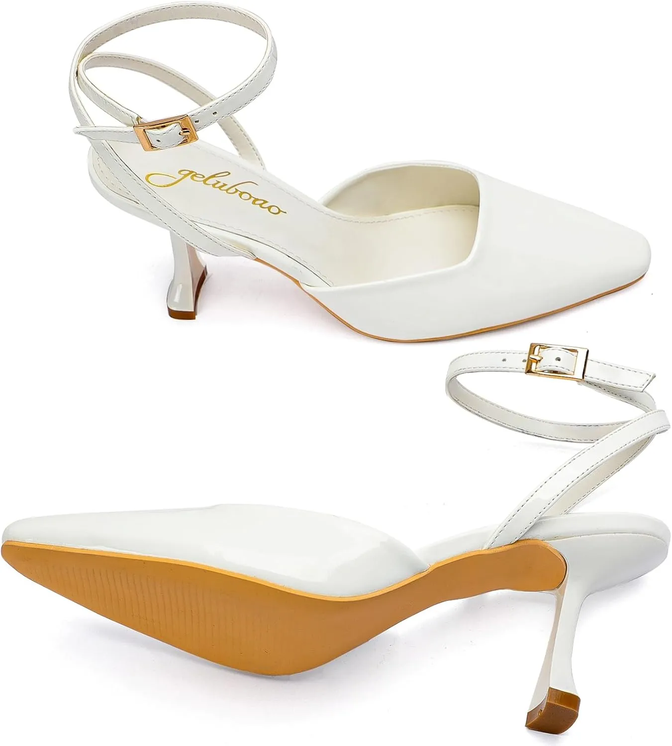 Closed Toe Heels for Women Sexy Square Toe Ankle Strap Mid Stiletto Pumps Comfortable Dress Bridal Wedding Kitten Shoes