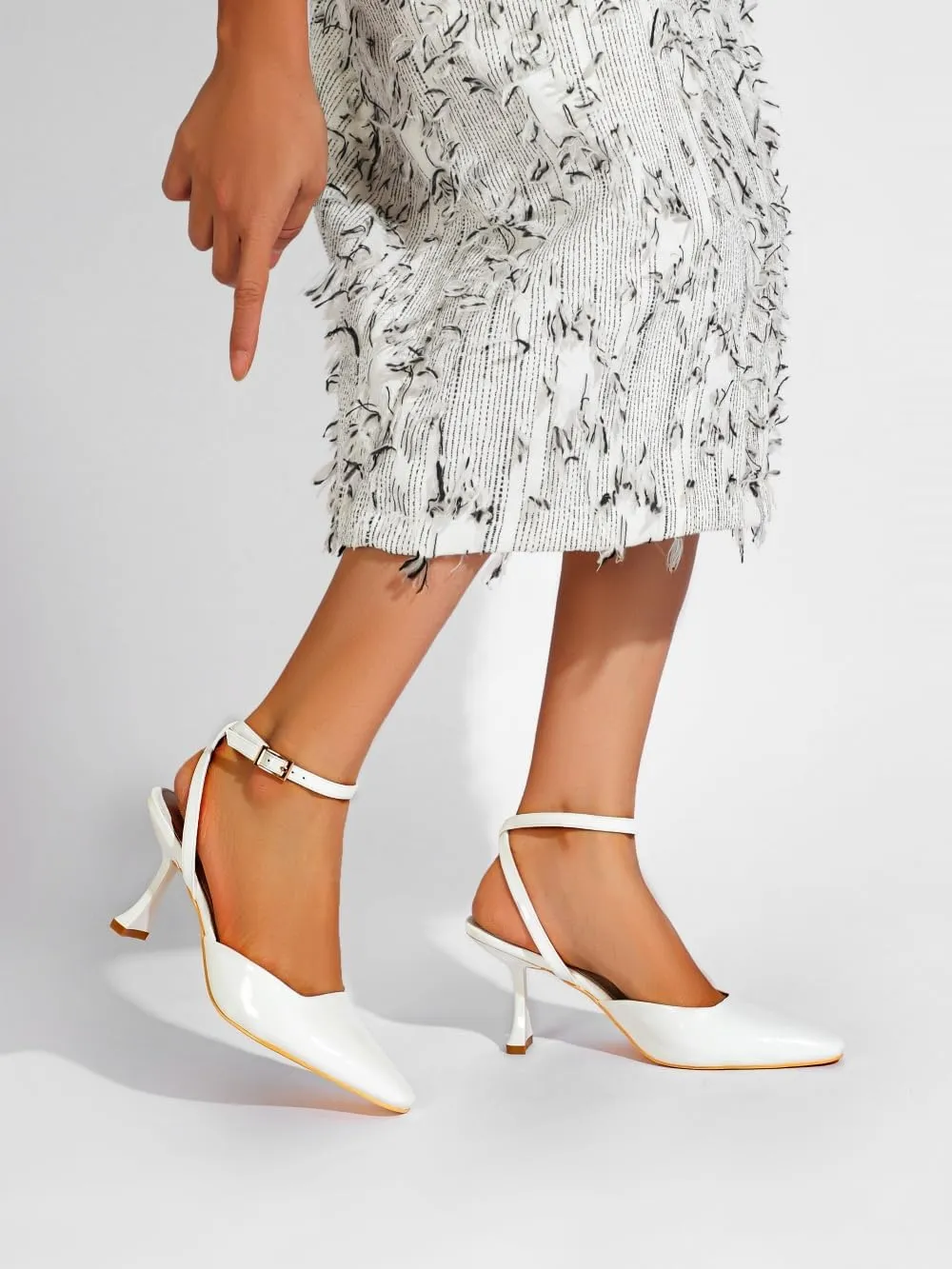 Closed Toe Heels for Women Sexy Square Toe Ankle Strap Mid Stiletto Pumps Comfortable Dress Bridal Wedding Kitten Shoes