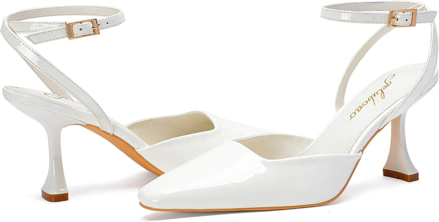 Closed Toe Heels for Women Sexy Square Toe Ankle Strap Mid Stiletto Pumps Comfortable Dress Bridal Wedding Kitten Shoes