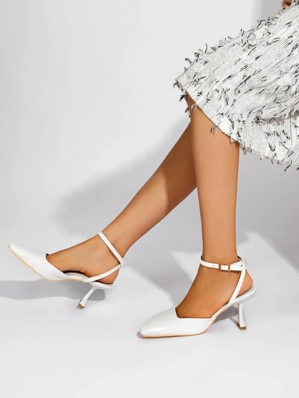 Closed Toe Heels for Women Sexy Square Toe Ankle Strap Mid Stiletto Pumps Comfortable Dress Bridal Wedding Kitten Shoes