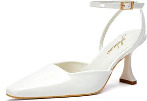 Closed Toe Heels for Women Sexy Square Toe Ankle Strap Mid Stiletto Pumps Comfortable Dress Bridal Wedding Kitten Shoes