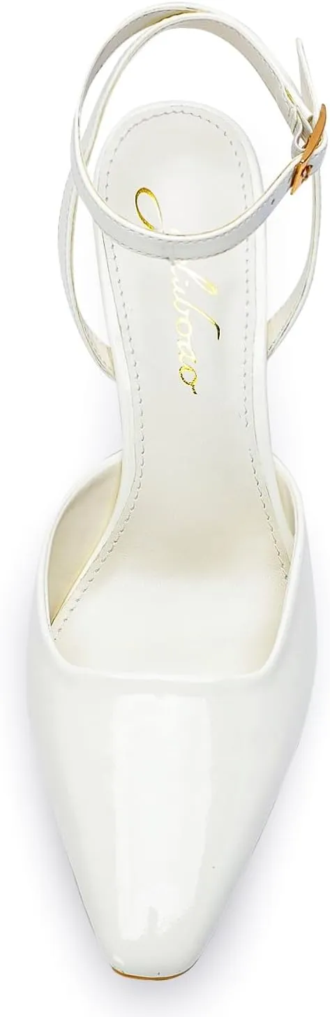 Closed Toe Heels for Women Sexy Square Toe Ankle Strap Mid Stiletto Pumps Comfortable Dress Bridal Wedding Kitten Shoes