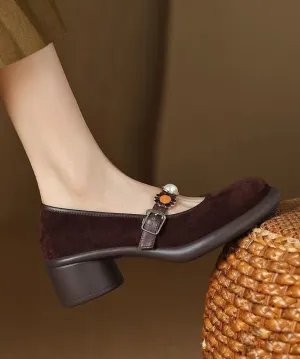 Comfortable Splicing Chunky Heel Brown Suede Buckle Strap