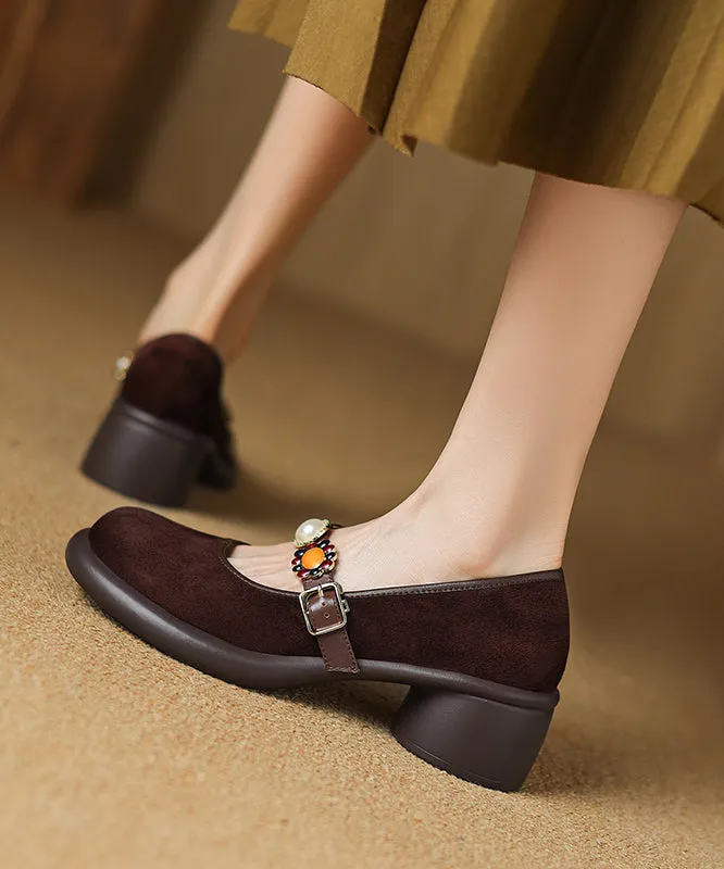 Comfortable Splicing Chunky Heel Brown Suede Buckle Strap