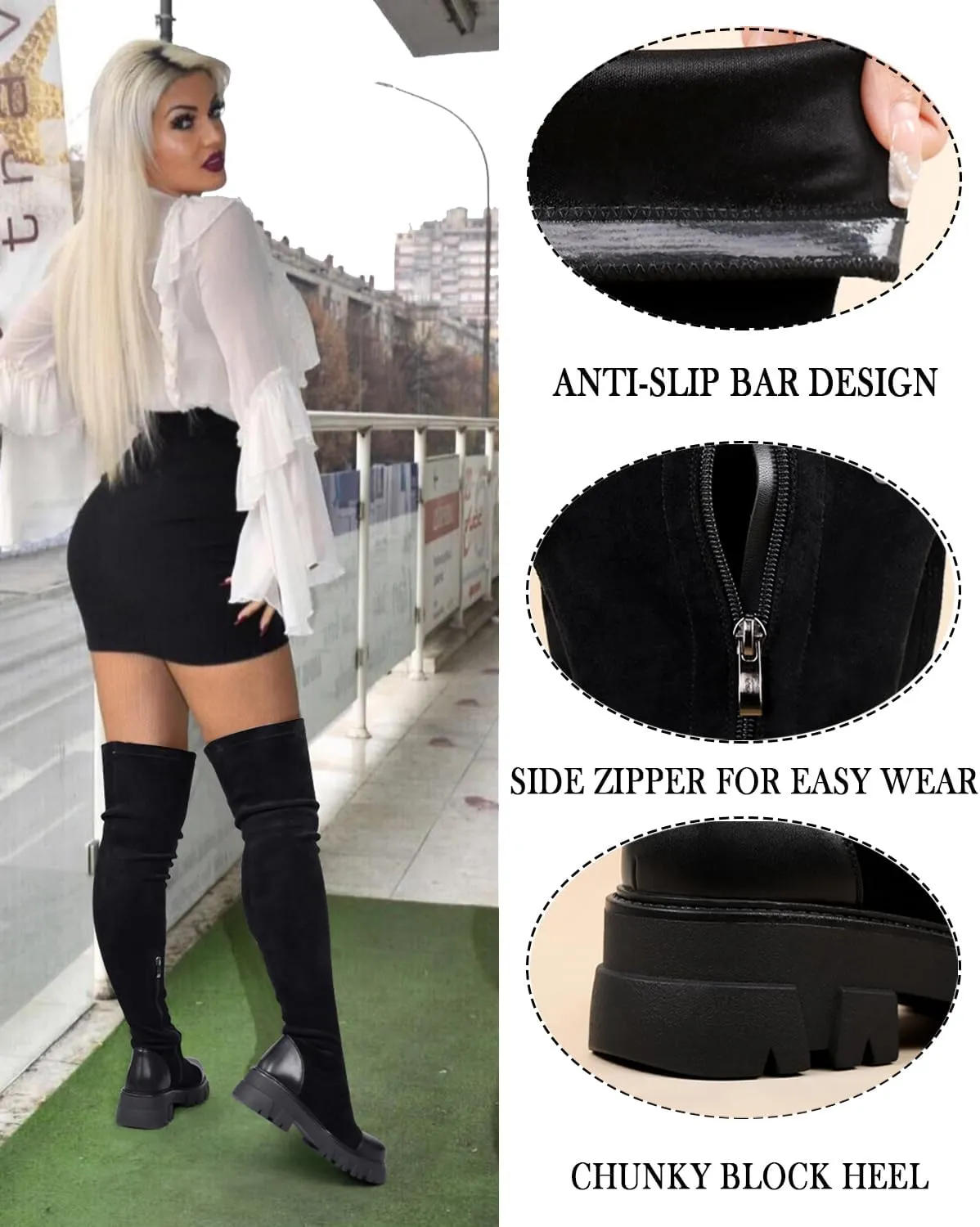 CouieCuies Thigh High Boots for women Black Platform Suede Over The Knee Boots Lug Sole Tall Boot Side Zipper Long Dress Boot