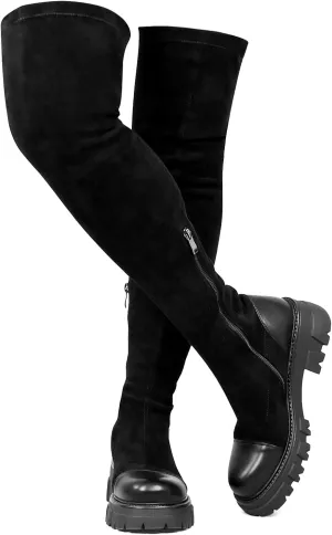 CouieCuies Thigh High Boots for women Black Platform Suede Over The Knee Boots Lug Sole Tall Boot Side Zipper Long Dress Boot