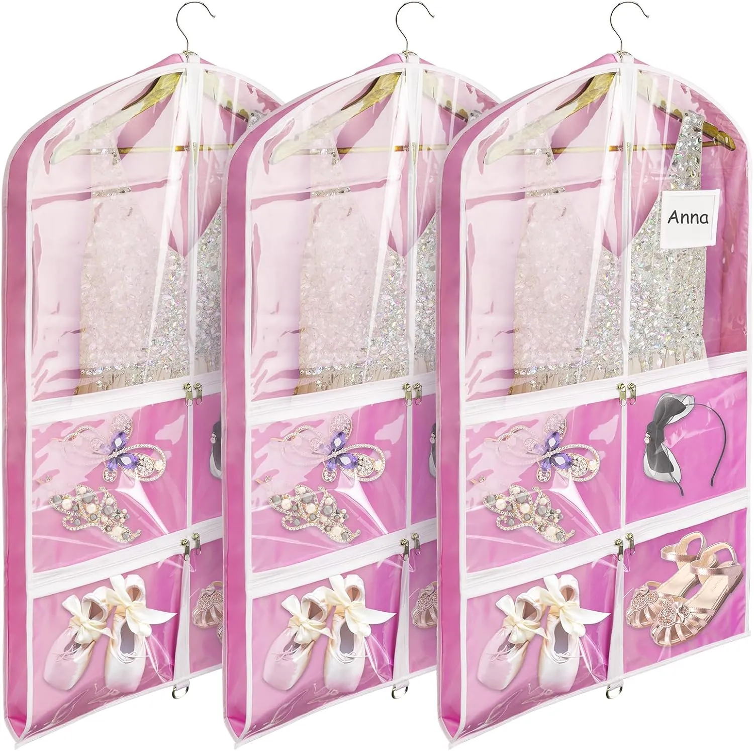 Dance Garment Bag with Zipper Pockets Set, Dance Costume Recital Competition Bags Caddy, 3PK-38" Hanging Pink Dress Cover Wardrobe Storage Bag Pack with Clear Window for Kids, Girl Dancer.