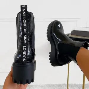 Danika Black Patent Faux Croc Print Chunky Platform Ankle Boots
