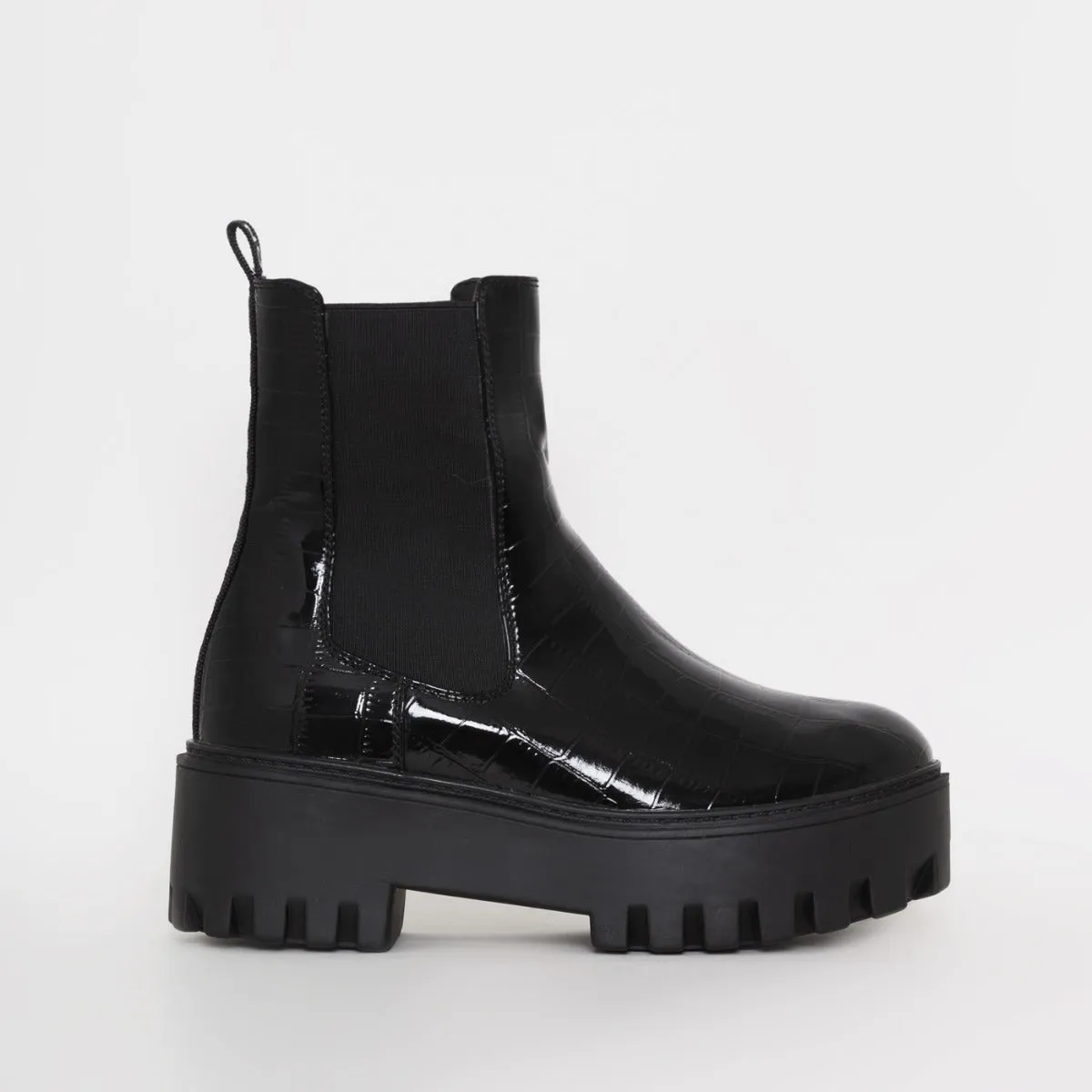 Danika Black Patent Faux Croc Print Chunky Platform Ankle Boots
