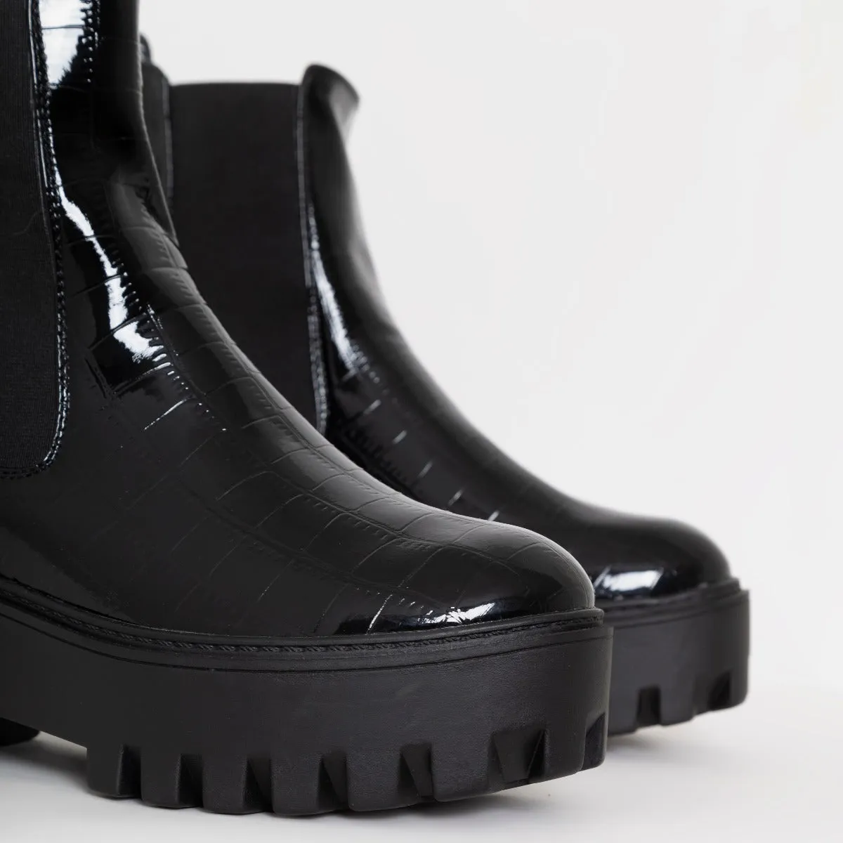 Danika Black Patent Faux Croc Print Chunky Platform Ankle Boots