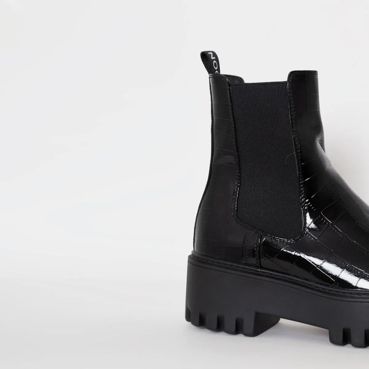 Danika Black Patent Faux Croc Print Chunky Platform Ankle Boots
