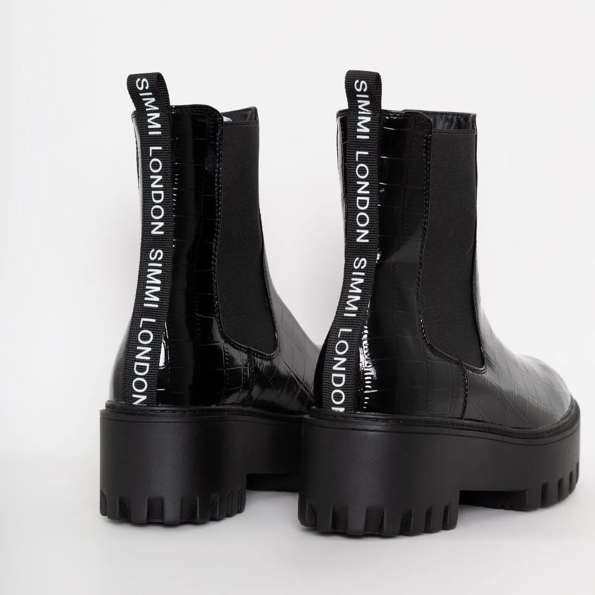 Danika Black Patent Faux Croc Print Chunky Platform Ankle Boots