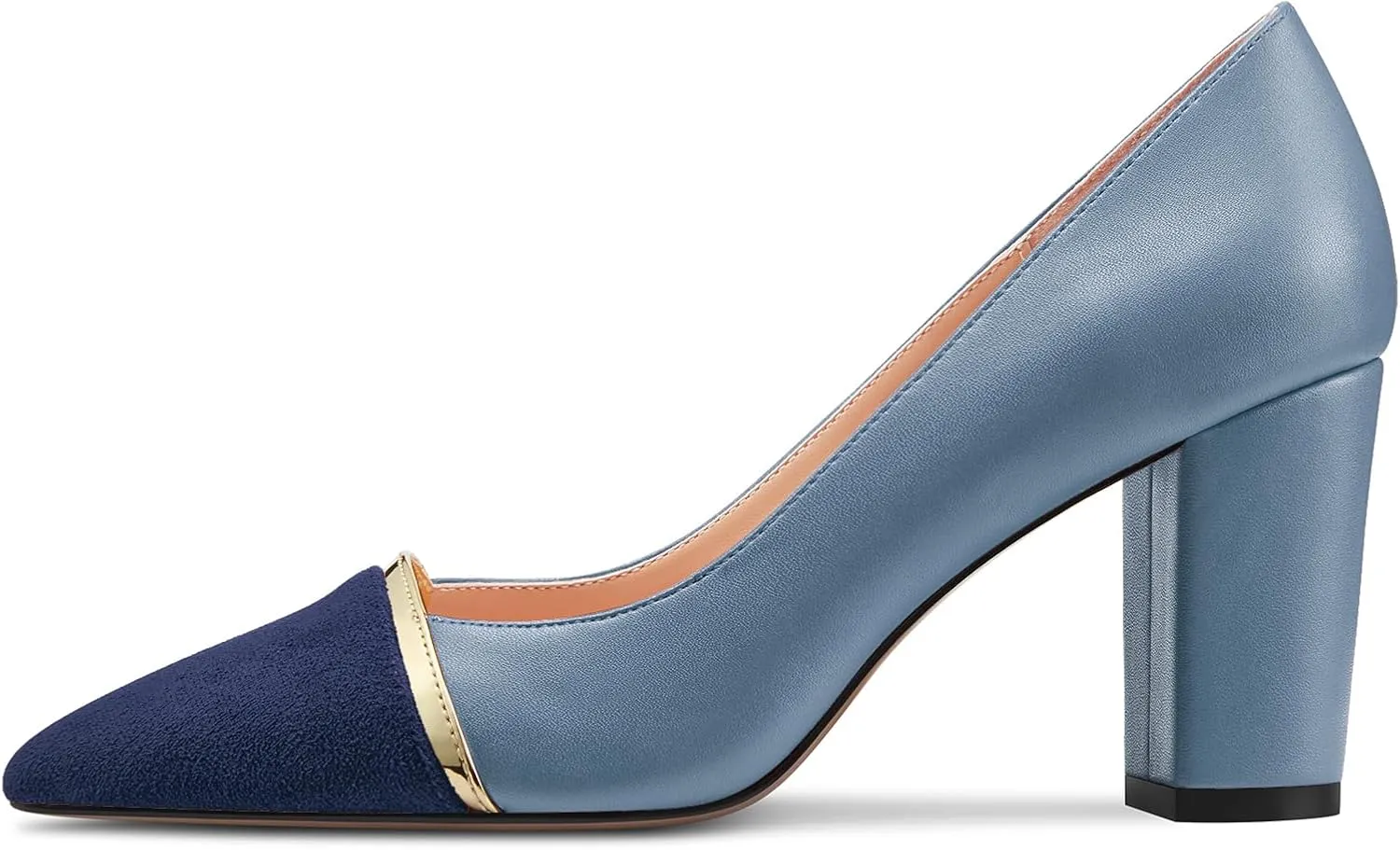 DearOnly Womens Mid Chunky Block Heel Pointed Cap Toe Pumps Slip-on Patchwork Wedding Dress 3.2 Inches Heels