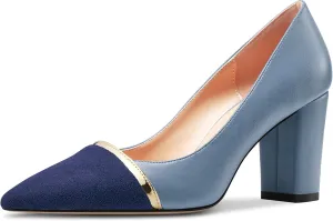 DearOnly Womens Mid Chunky Block Heel Pointed Cap Toe Pumps Slip-on Patchwork Wedding Dress 3.2 Inches Heels