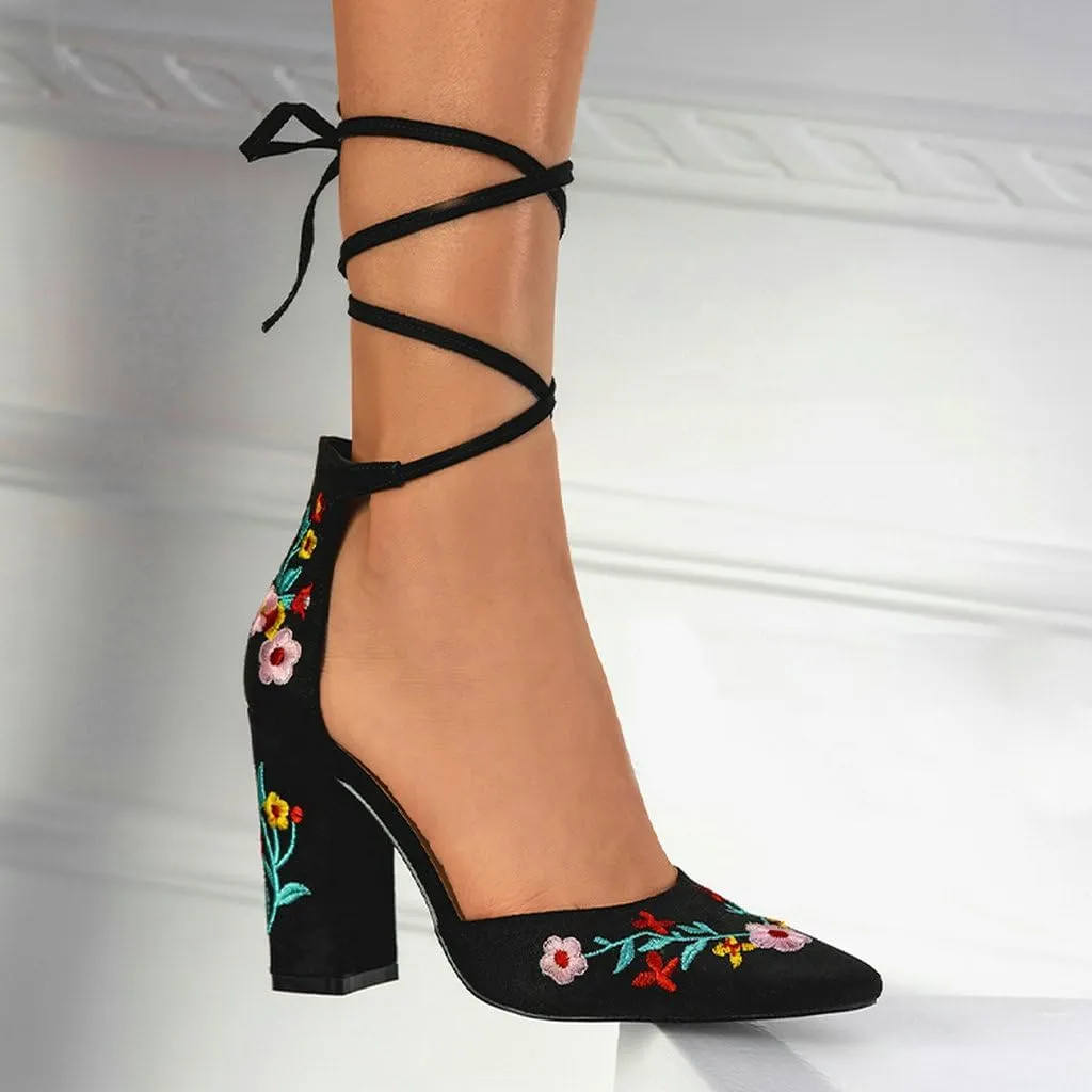 DINTAHA Floral Embroidered Heels,Lace Up Heels Closed Toe,Suede Pointed Toe Chunky Heel Pumps