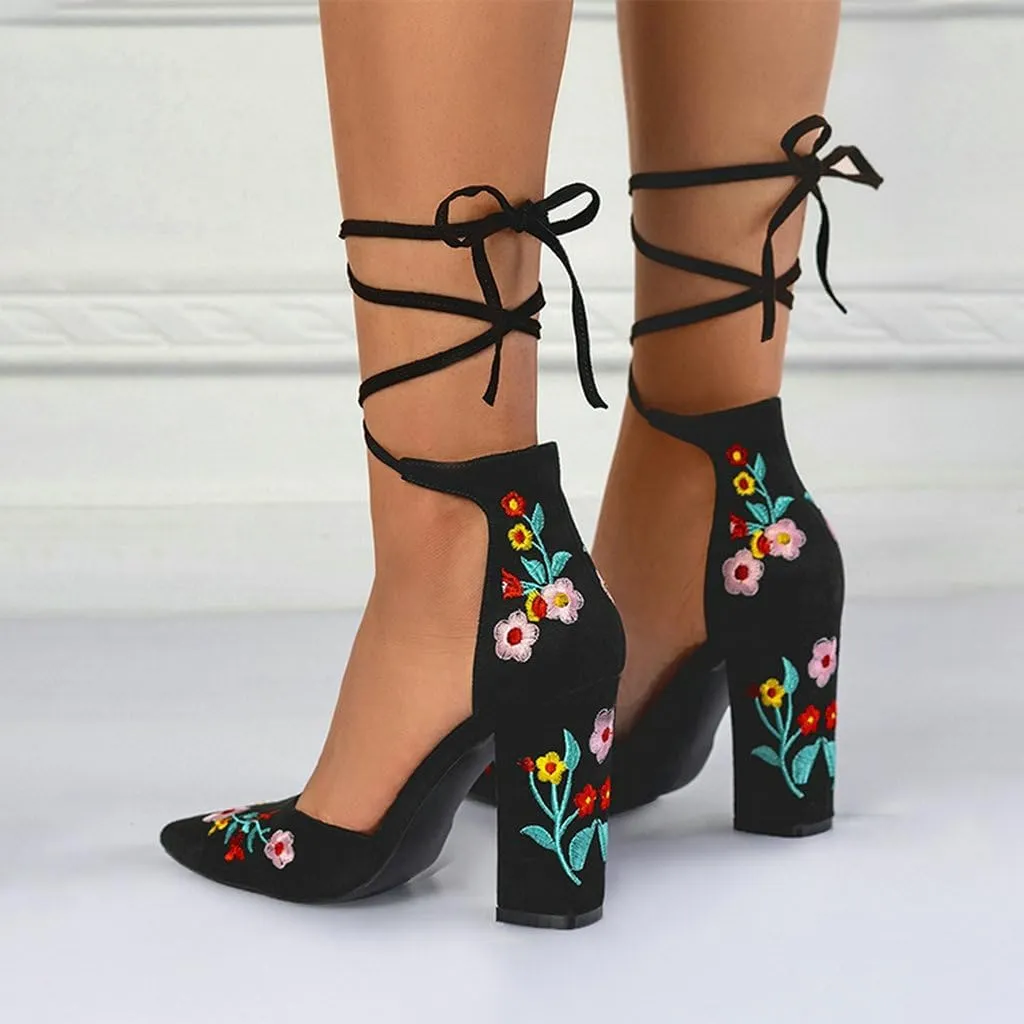 DINTAHA Floral Embroidered Heels,Lace Up Heels Closed Toe,Suede Pointed Toe Chunky Heel Pumps