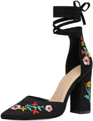 DINTAHA Floral Embroidered Heels,Lace Up Heels Closed Toe,Suede Pointed Toe Chunky Heel Pumps