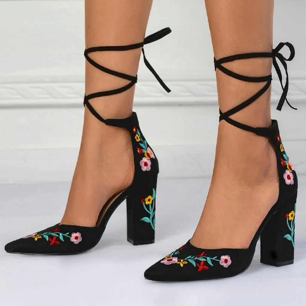 DINTAHA Floral Embroidered Heels,Lace Up Heels Closed Toe,Suede Pointed Toe Chunky Heel Pumps