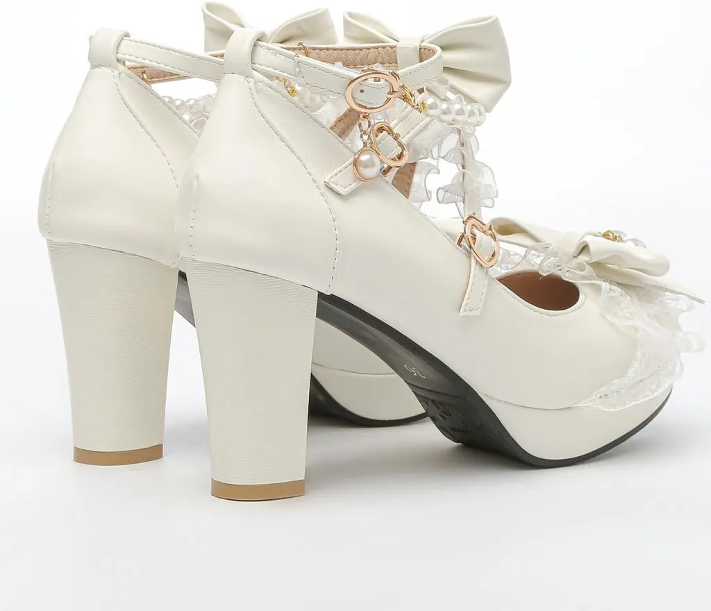 DINTAHA Platform Mary Jane Heels Chunky Cute Gothic Lolita Dress Shoes Bow Platform Heels