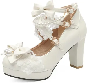 DINTAHA Platform Mary Jane Heels Chunky Cute Gothic Lolita Dress Shoes Bow Platform Heels