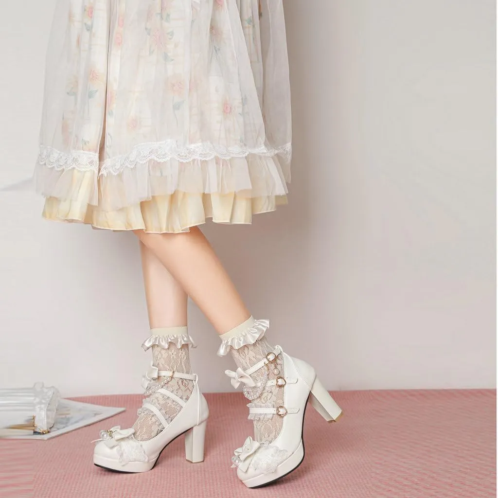 DINTAHA Platform Mary Jane Heels Chunky Cute Gothic Lolita Dress Shoes Bow Platform Heels