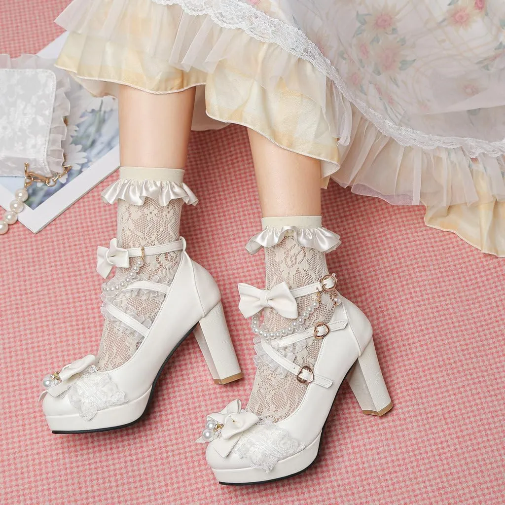 DINTAHA Platform Mary Jane Heels Chunky Cute Gothic Lolita Dress Shoes Bow Platform Heels