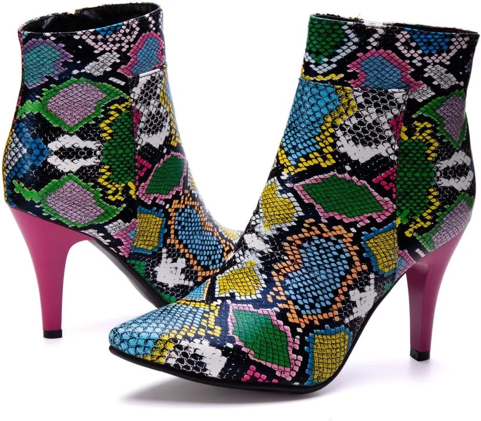 DINTAHA Snakeskin Boots Pointed Toe High Heel Stiletto Booties Pointy Toe Ankle Boots