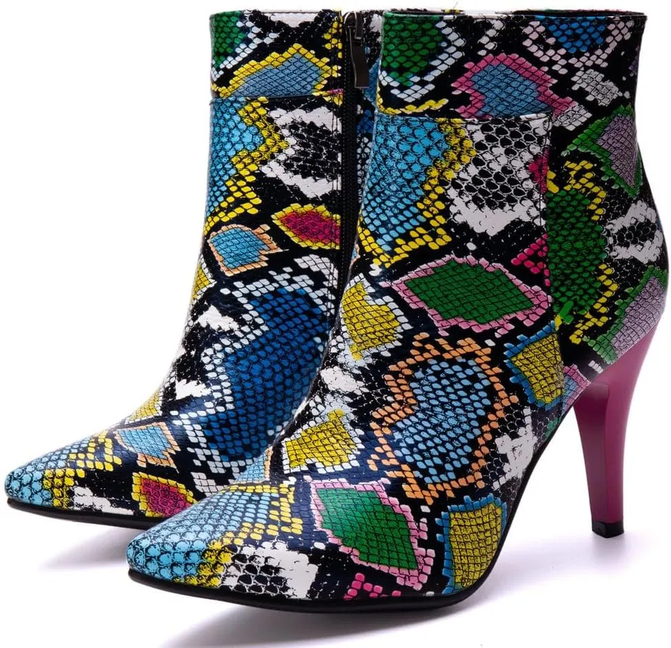 DINTAHA Snakeskin Boots Pointed Toe High Heel Stiletto Booties Pointy Toe Ankle Boots