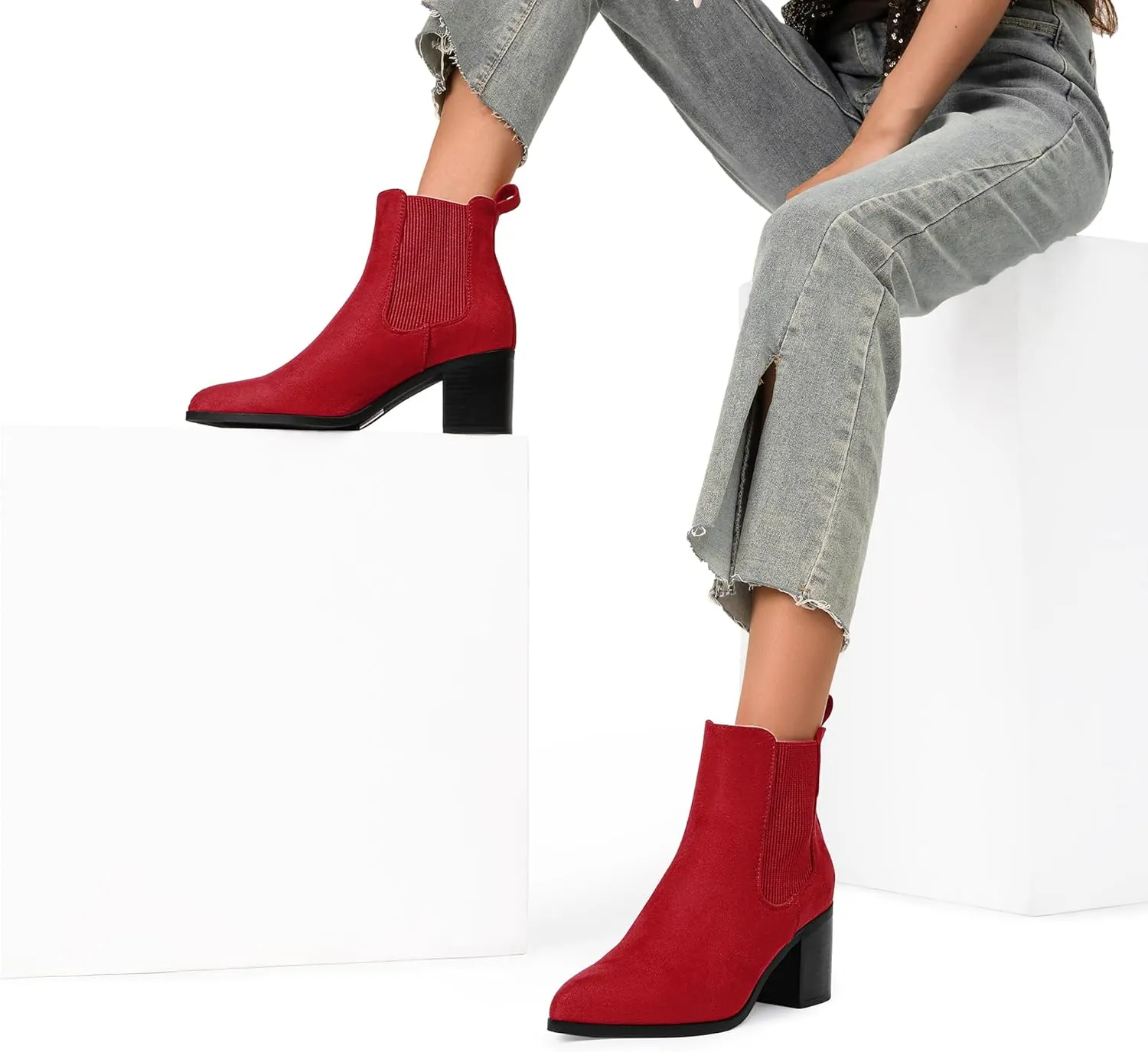 DREAM PAIRS Women's Retro Elastic Chelsea Ankle Boots Fashion Low Chunky Block Heel Pointed Toe Fall Heeled Booties Shoes