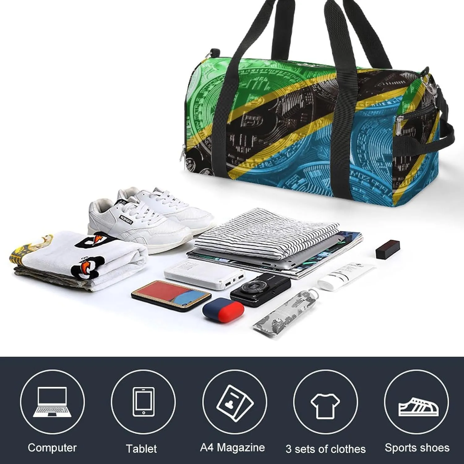 Duffel Bag with Tanzania Flag Bitcoin for Women Men Shoe Compartment Travel Weekender