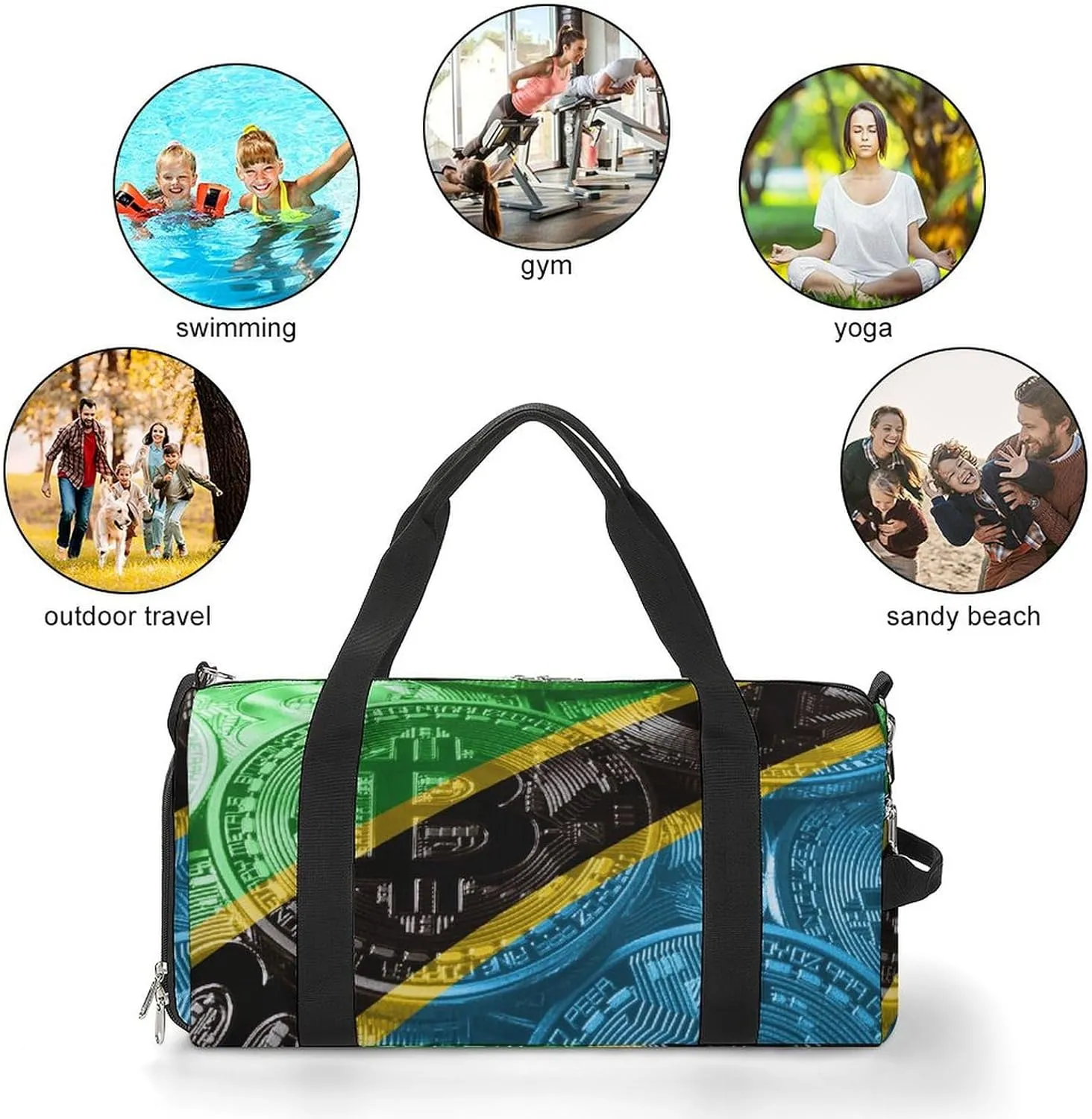 Duffel Bag with Tanzania Flag Bitcoin for Women Men Shoe Compartment Travel Weekender
