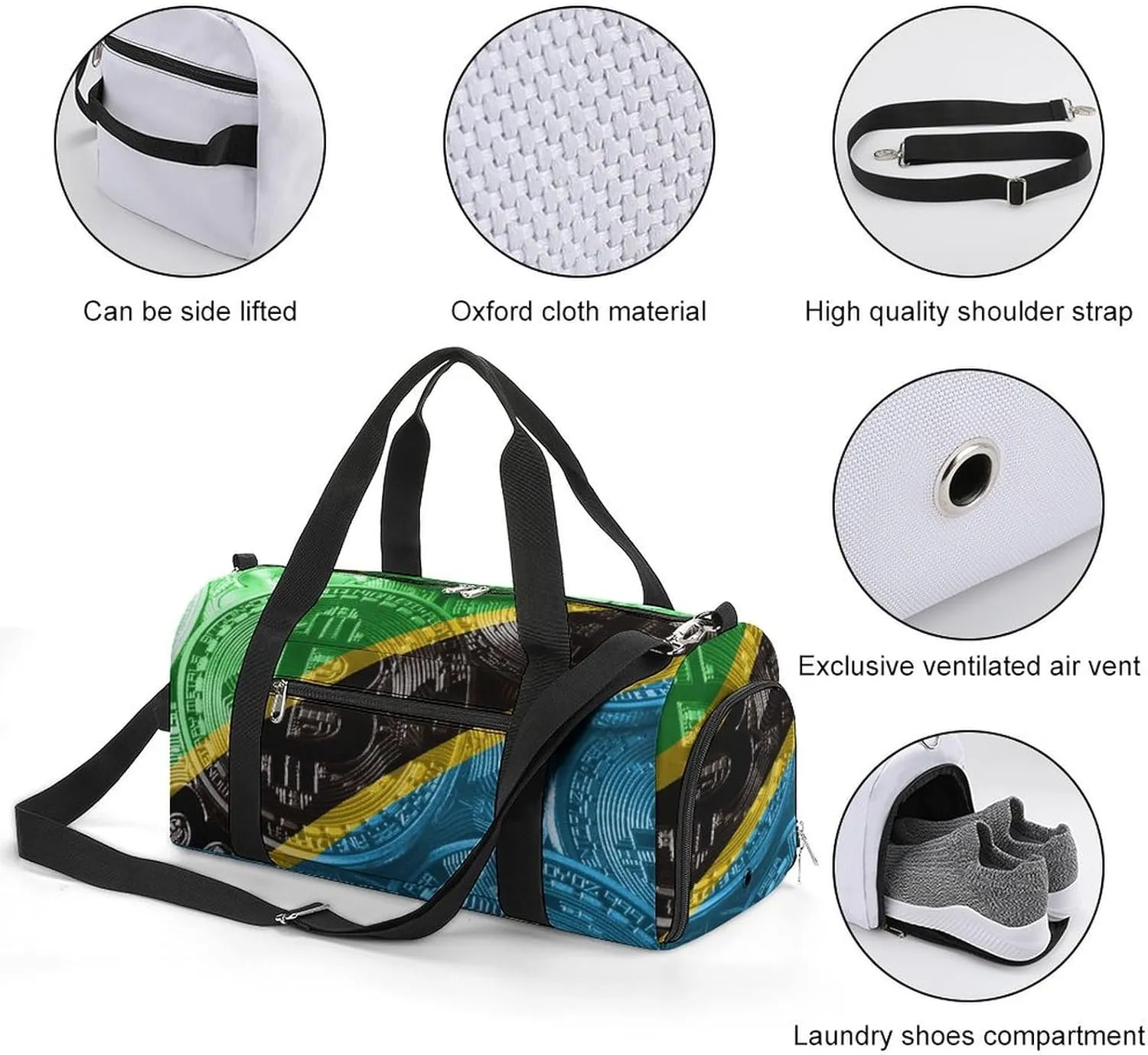 Duffel Bag with Tanzania Flag Bitcoin for Women Men Shoe Compartment Travel Weekender