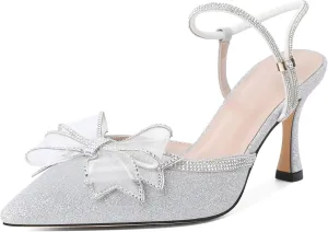 Eldof Women's Heels with Bow Sparkly Rhinestone Closed Pointed Toe Ankle Strap Stiletto Heel Pumps 3 Inches