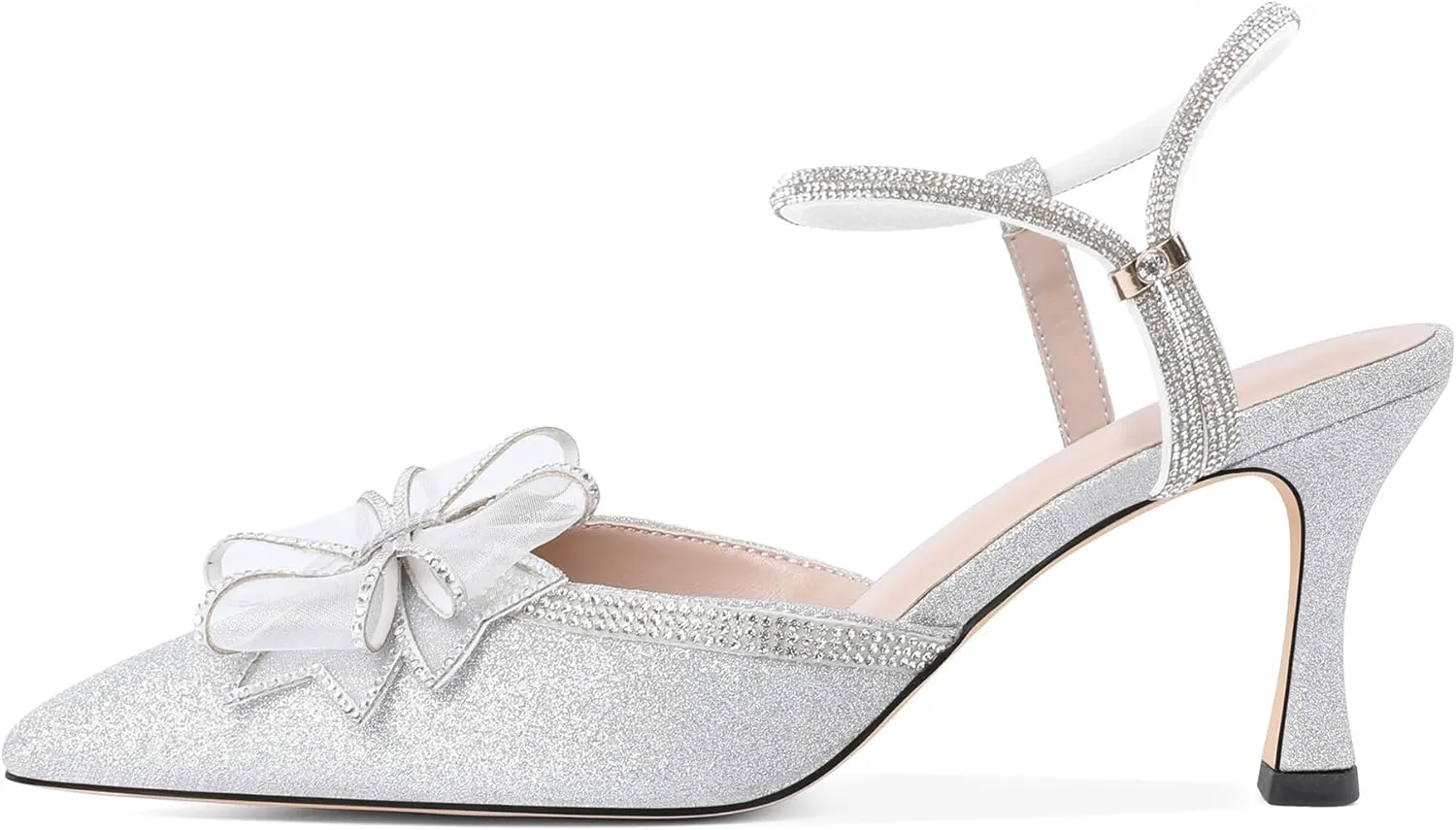 Eldof Women's Heels with Bow Sparkly Rhinestone Closed Pointed Toe Ankle Strap Stiletto Heel Pumps 3 Inches