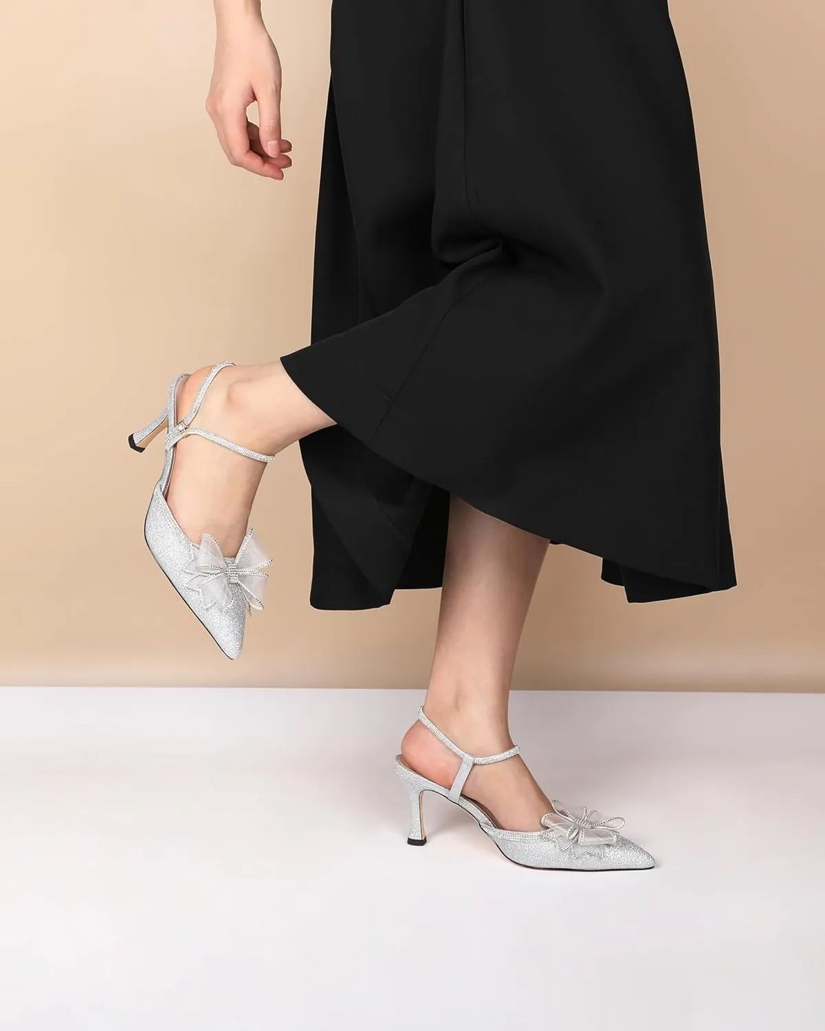 Eldof Women's Heels with Bow Sparkly Rhinestone Closed Pointed Toe Ankle Strap Stiletto Heel Pumps 3 Inches