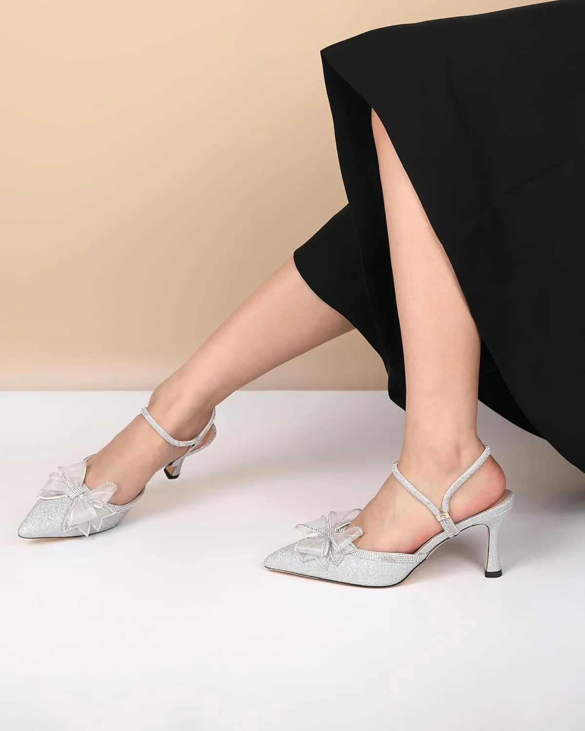Eldof Women's Heels with Bow Sparkly Rhinestone Closed Pointed Toe Ankle Strap Stiletto Heel Pumps 3 Inches