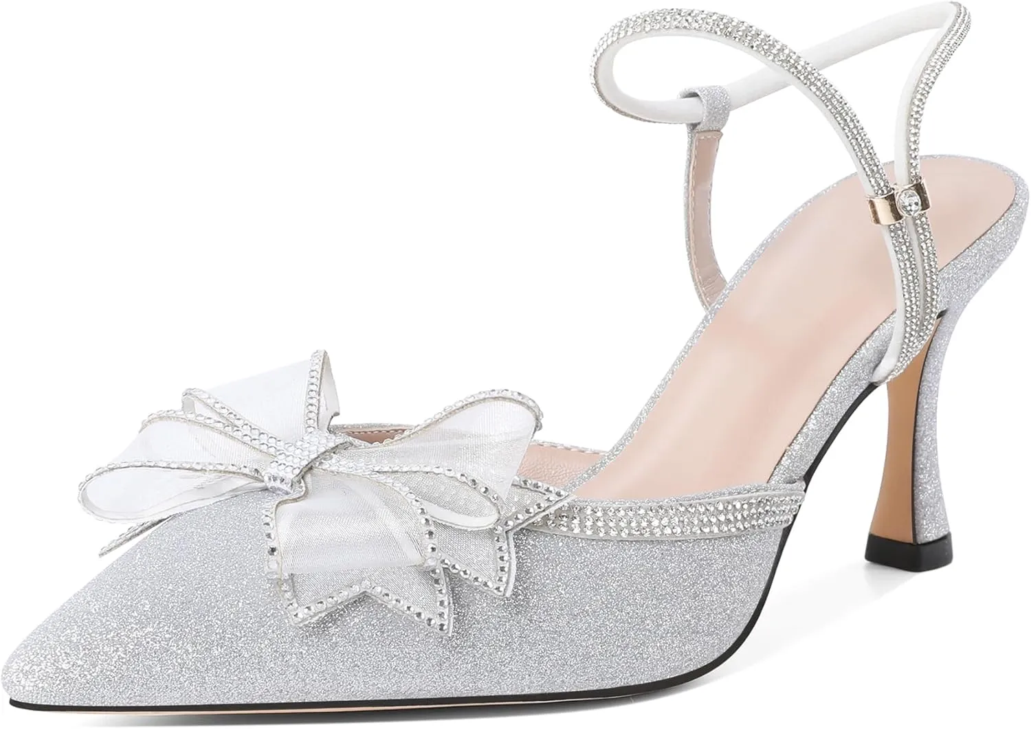 Eldof Women's Heels with Bow Sparkly Rhinestone Closed Pointed Toe Ankle Strap Stiletto Heel Pumps 3 Inches