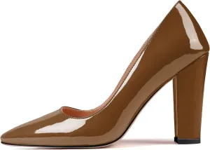 Eldof Women's Pointed Toe Chunky High Heel Pumps Slip On 4 Inches Block Heels Comfortable High Heeled Dress Shoes for Wedding Party Event