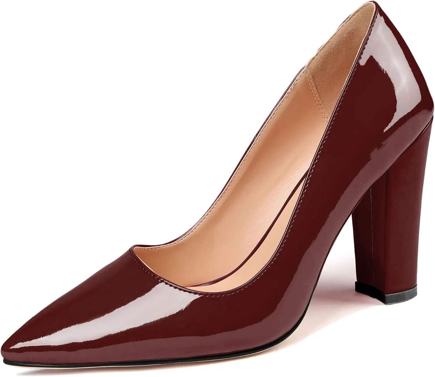 Eldof Women's Pointed Toe Chunky High Heel Pumps Slip On 4 Inches Block Heels Comfortable High Heeled Dress Shoes for Wedding Party Event