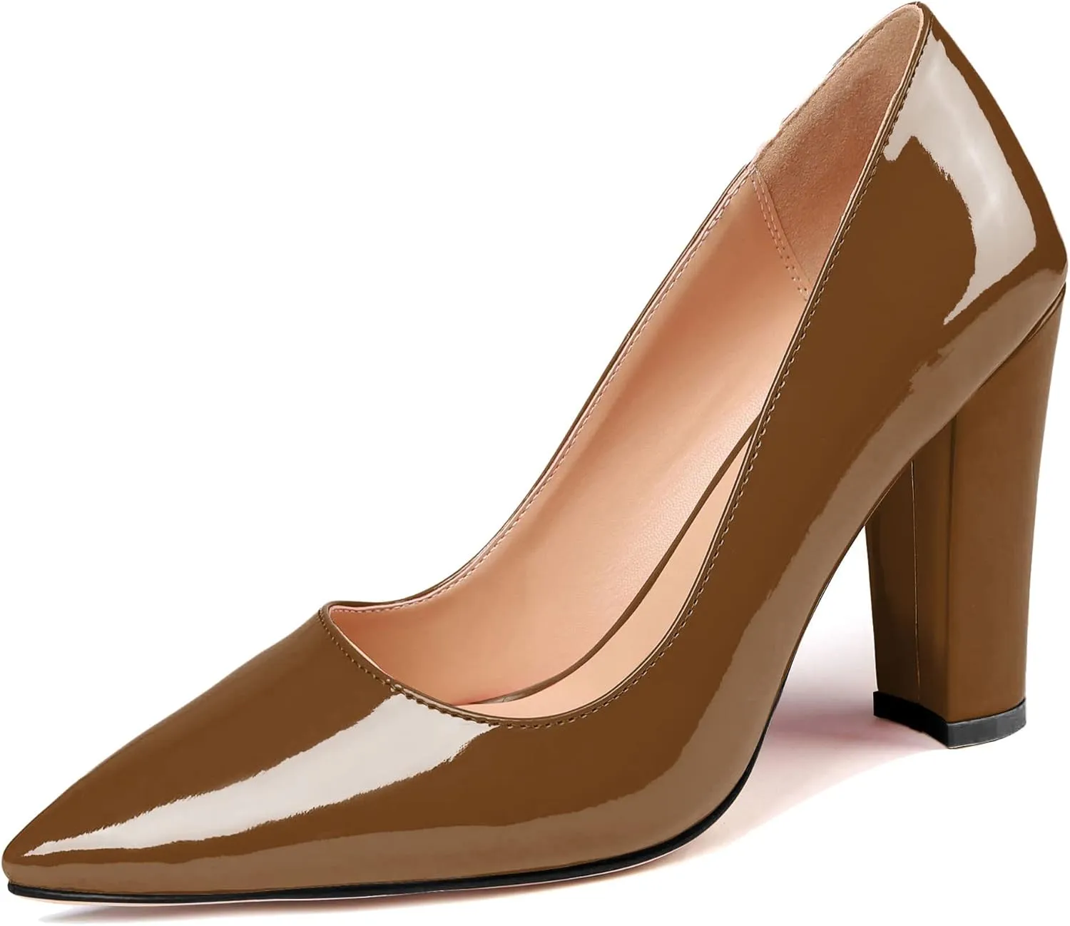 Eldof Women's Pointed Toe Chunky High Heel Pumps Slip On 4 Inches Block Heels Comfortable High Heeled Dress Shoes for Wedding Party Event
