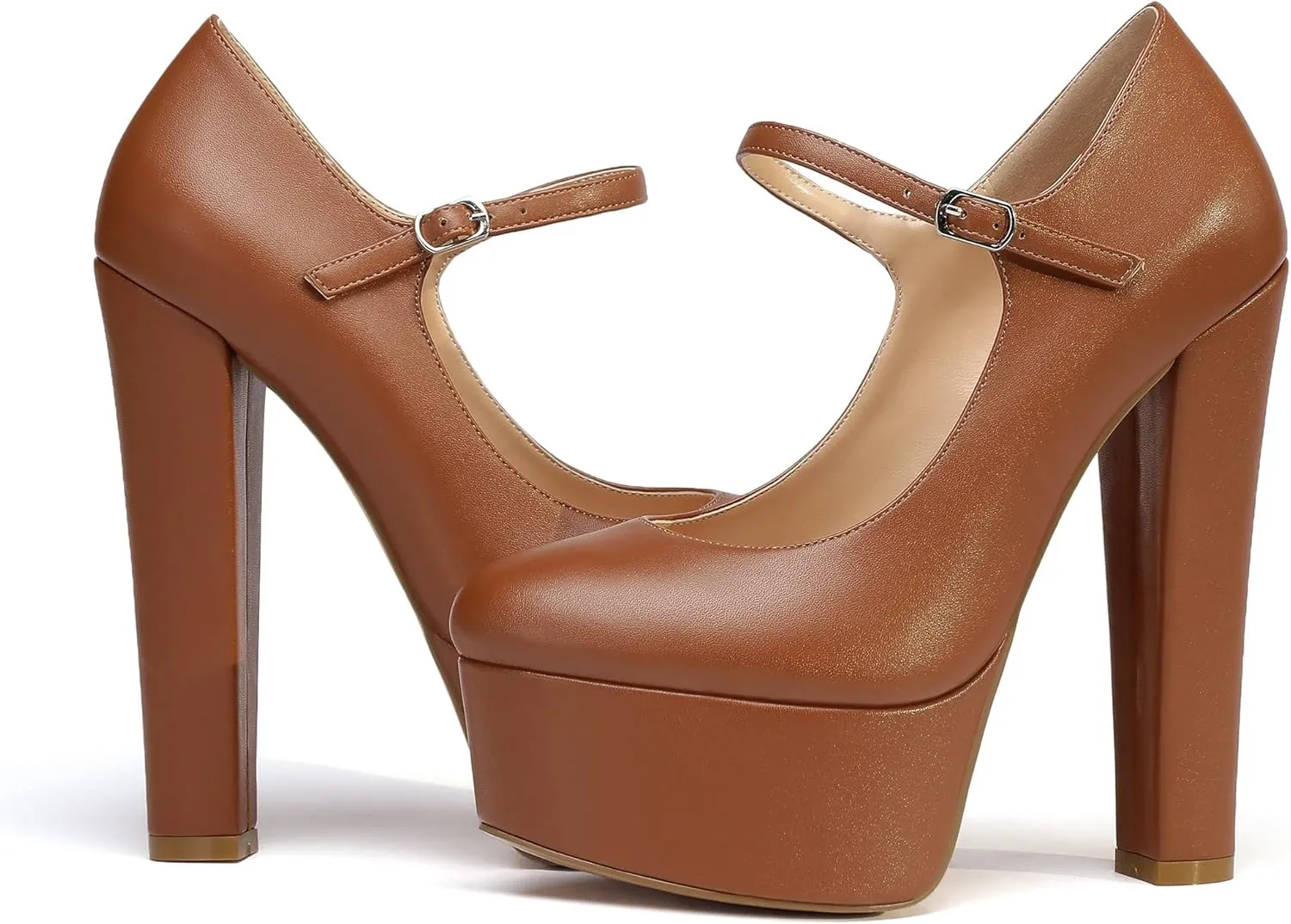Eldof Women's Round Closed Toe Platform Mary Jane Pumps Block Chunky High Heel Sexy Wedding Dressy Shoes 6 Inches