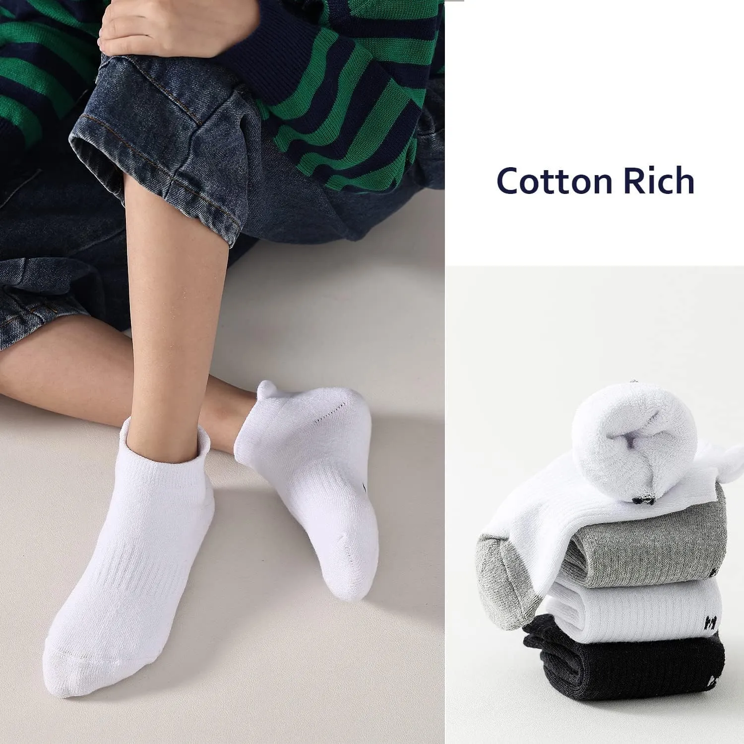 EPEIUS Kids Boys/Girls' Cushioned Socks Thick Cotton Quarter Athletic Socks Sports Running Ankle Socks 6 Pack 4-14 Years
