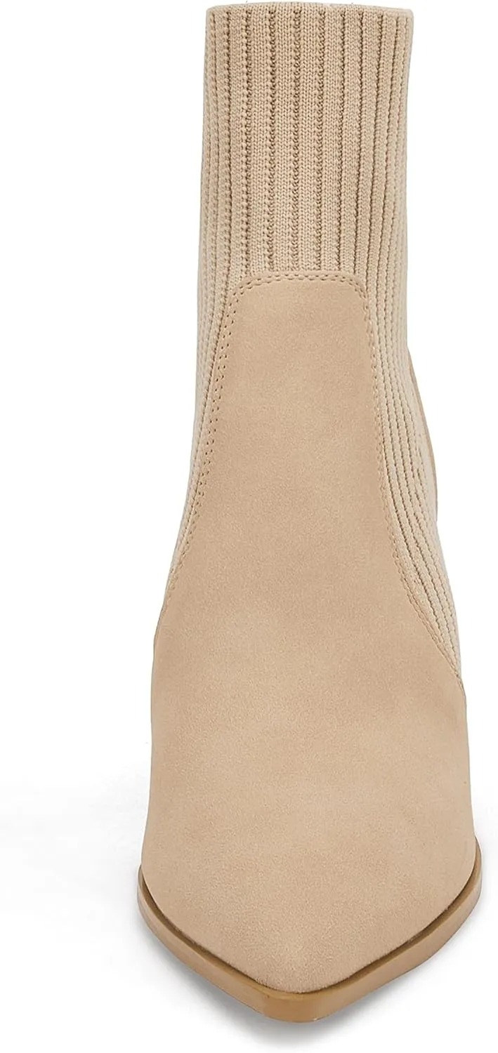 Ermonn Womens Pointed Toe High Heels Ankle Boots Zipper Block Chunky Heel Knit Elastic Fall Winter Dressy Booties
