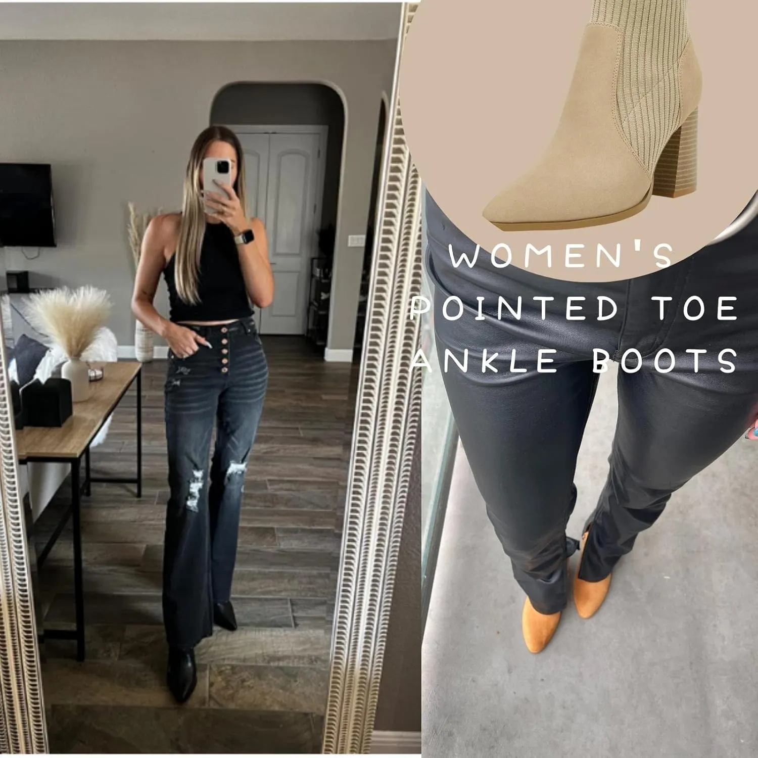Ermonn Womens Pointed Toe High Heels Ankle Boots Zipper Block Chunky Heel Knit Elastic Fall Winter Dressy Booties